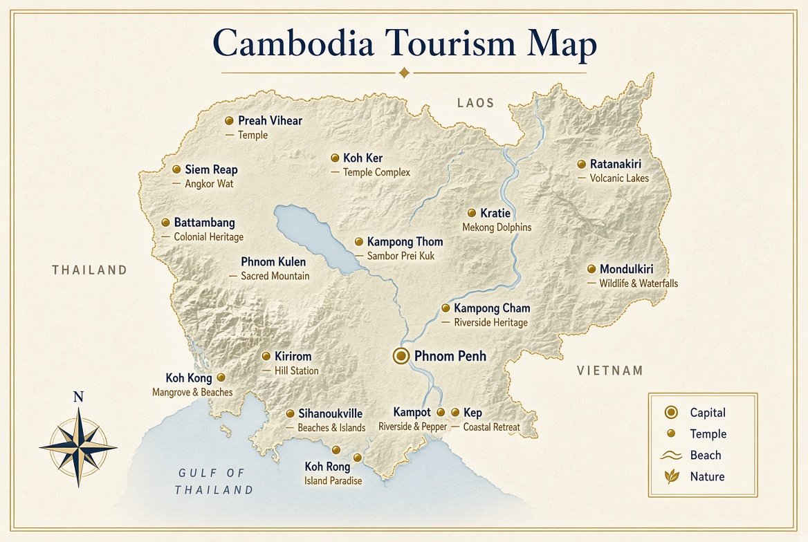 Cambodia tourism map showing Siem Reap, Phnom Penh, Kampot, Kep, Sihanoukville, Koh Kong, Battambang, Kratie, Mondulkiri, Ratanakiri, Kampong Thom and Preah Vihear